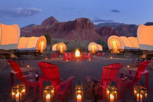 Six conestoga wagon glamping tents at Capitol Reef Resort